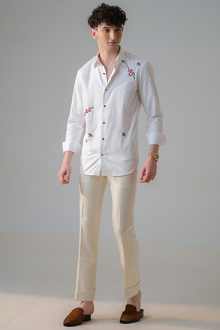 White Cotton Hand Embroidered Party Wear Shirt by Amrit Dawani at Pernia's Pop Up Shop