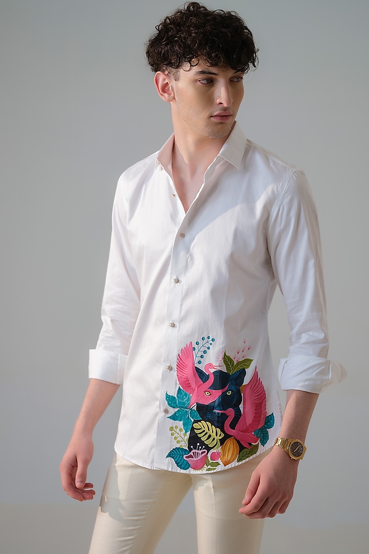 White Cotton Hand Painted Shirt by Amrit Dawani