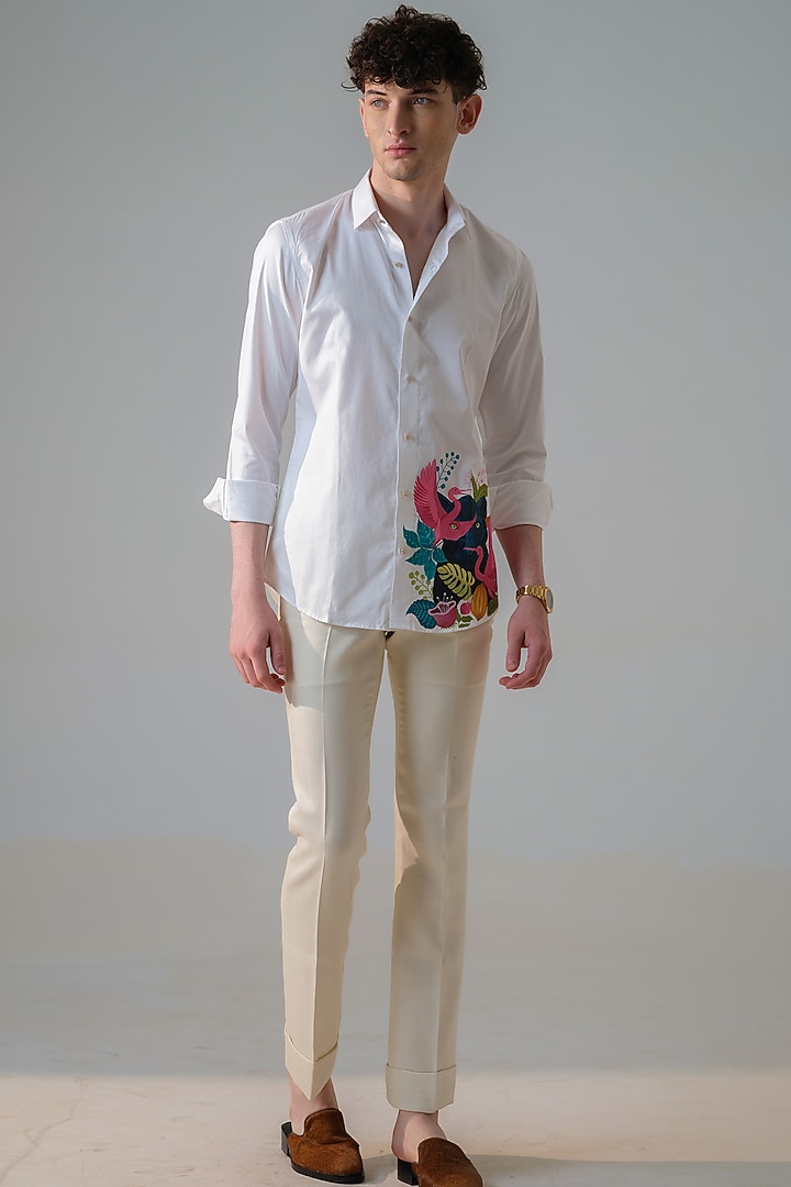 White Cotton Hand Painted Party Wear Shirt by Amrit Dawani at Pernia's Pop Up Shop