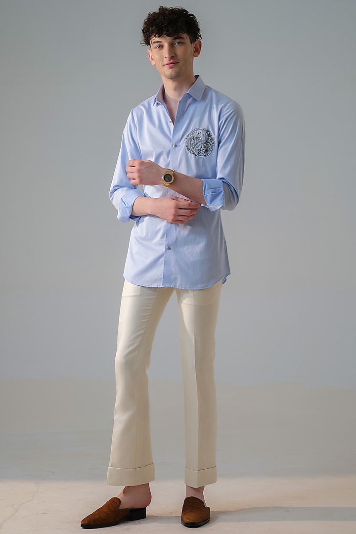 Blue Cotton Embroidered & Hand Painted Party Wear Shirt by Amrit Dawani at Pernia's Pop Up Shop