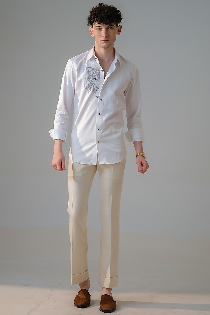 White Cotton Lion Embellished Party Wear Shirt by Amrit Dawani at Pernia's Pop Up Shop