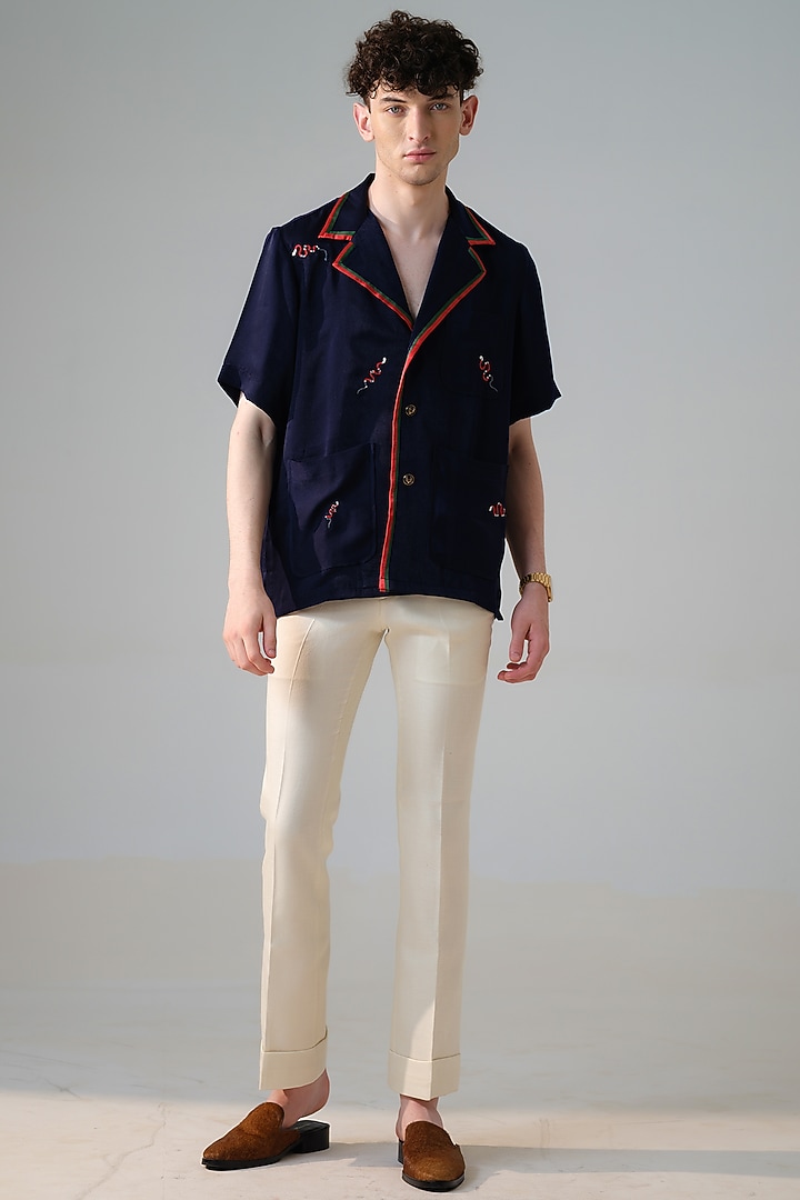 Dark Blue Velvet Satin Embroidered Party Wear Shirt by Amrit Dawani at Pernia's Pop Up Shop