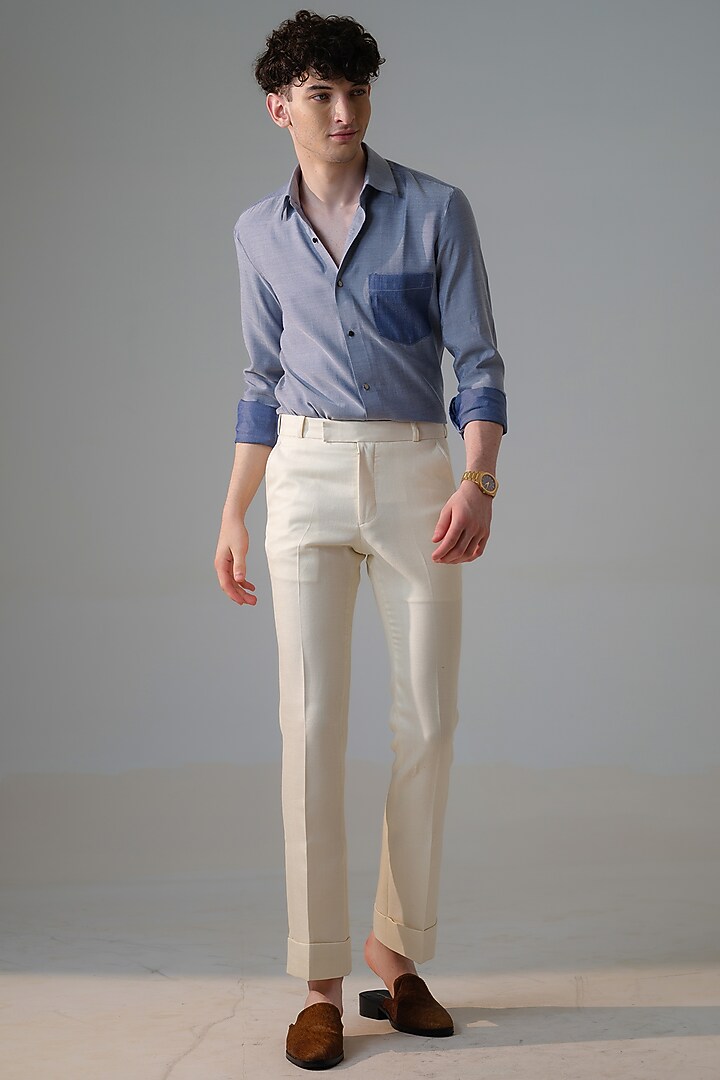 Blue Cotton & Denim Party Wear Shirt by Amrit Dawani at Pernia's Pop Up Shop
