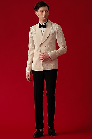 Beige Japanese Polyester Hand Embroidered Tuxedo Set by Amrit Dawani