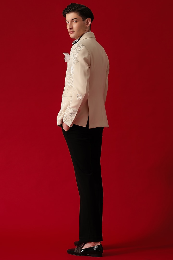 Beige Japanese Polyester Hand Embroidered Tuxedo Set by Amrit Dawani at Pernia's Pop Up Shop