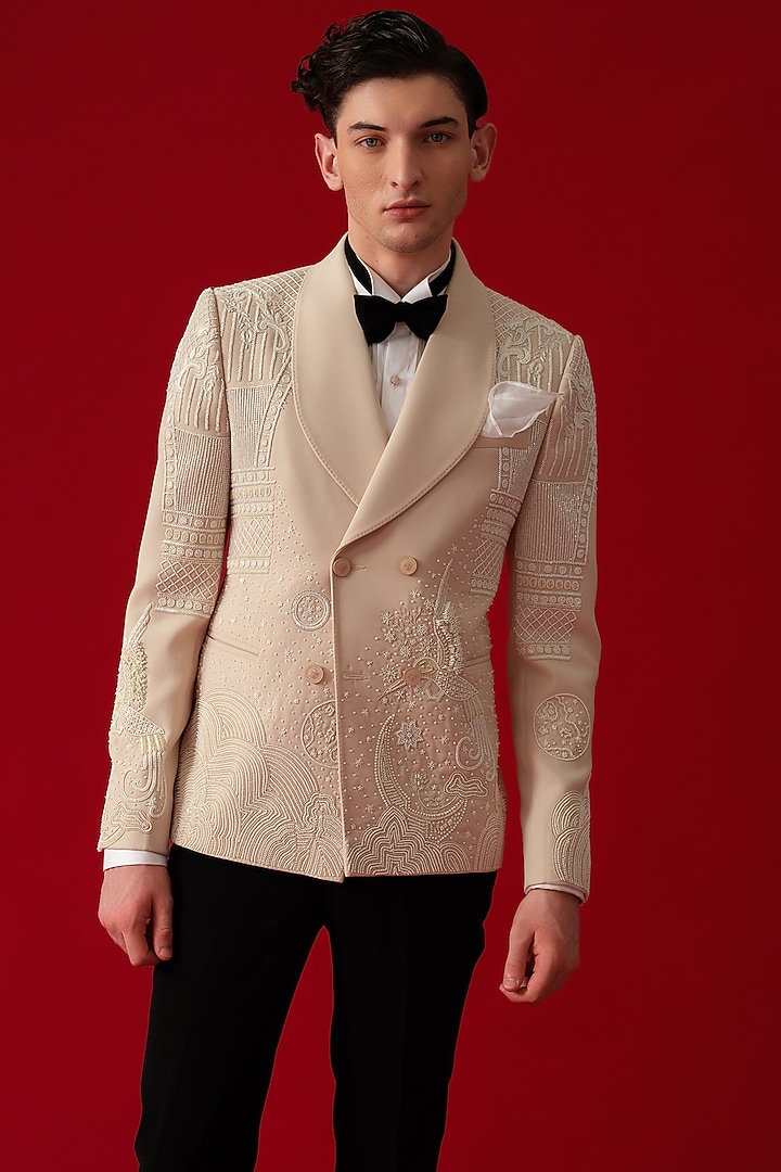 Beige Japanese Polyester Hand Embroidered Tuxedo Set by Amrit Dawani at Pernia's Pop Up Shop