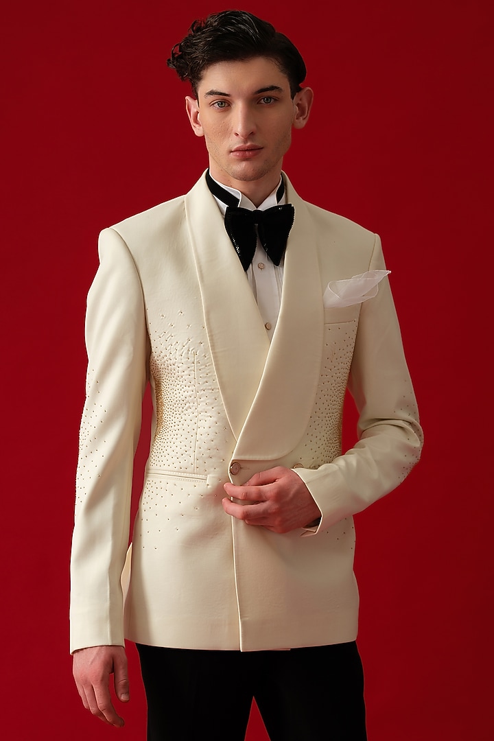 Ivory Italian Hand Embroidered Tuxedo Set by Amrit Dawani at Pernia's Pop Up Shop