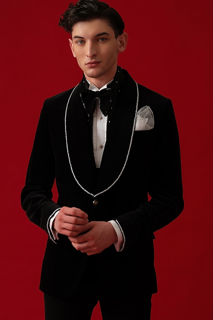 Black Velvet Hand Embroidered Tuxedo Set by Amrit Dawani at Pernia's Pop Up Shop