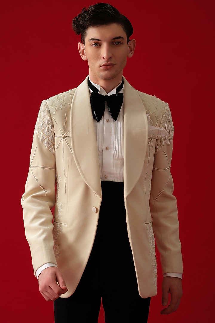 Ivory Velvet Hand Embroidered Tuxedo Set by Amrit Dawani at Pernia's Pop Up Shop