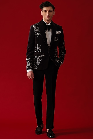 Beige Suede Hand Embroidered Tuxedo Set by Amrit Dawani