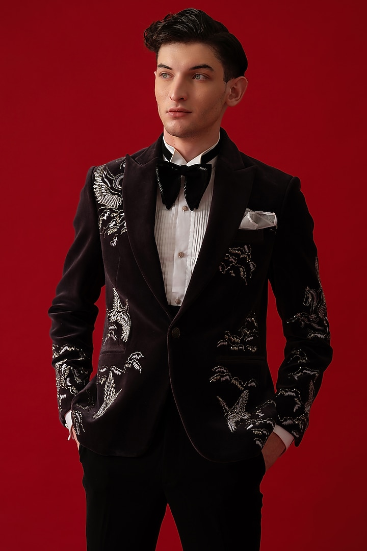 Beige Suede Hand Embroidered Tuxedo Set by Amrit Dawani at Pernia's Pop Up Shop