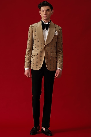 Beige Suede Hand Embroidered Tuxedo Set by Amrit Dawani