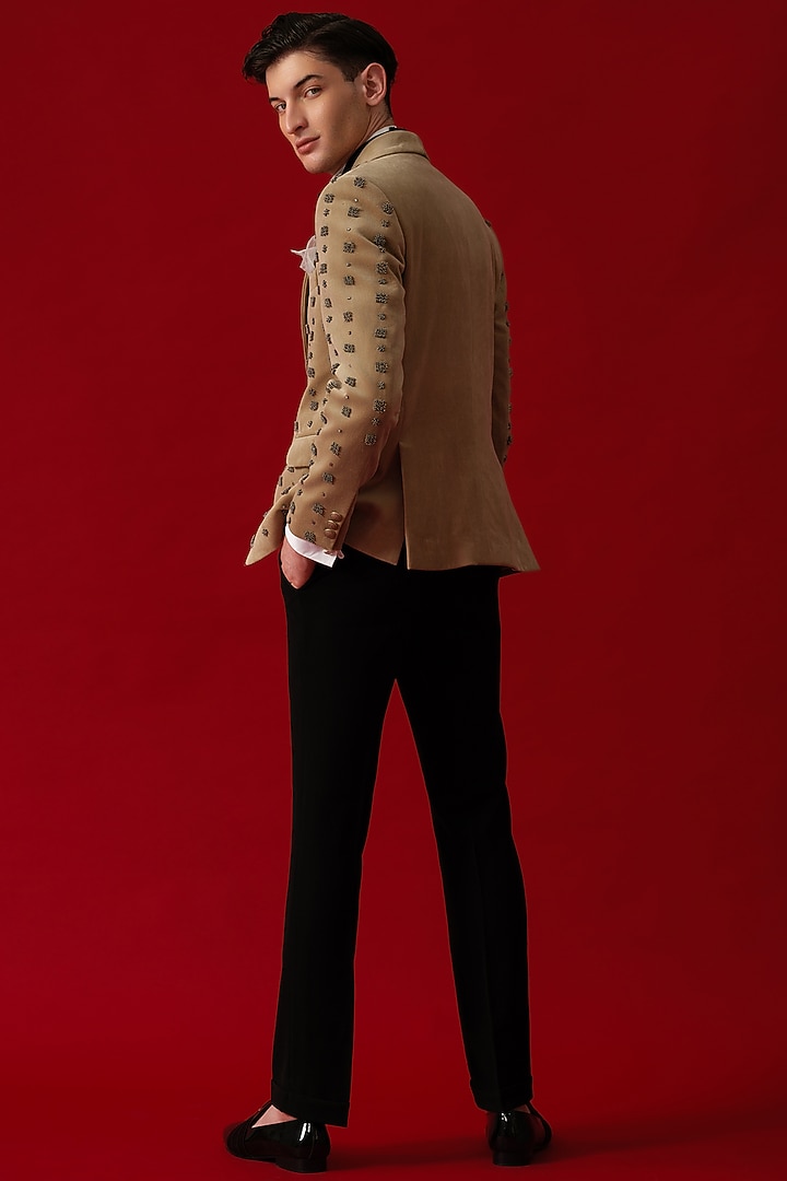 Beige Suede Hand Embroidered Tuxedo Set by Amrit Dawani at Pernia's Pop Up Shop