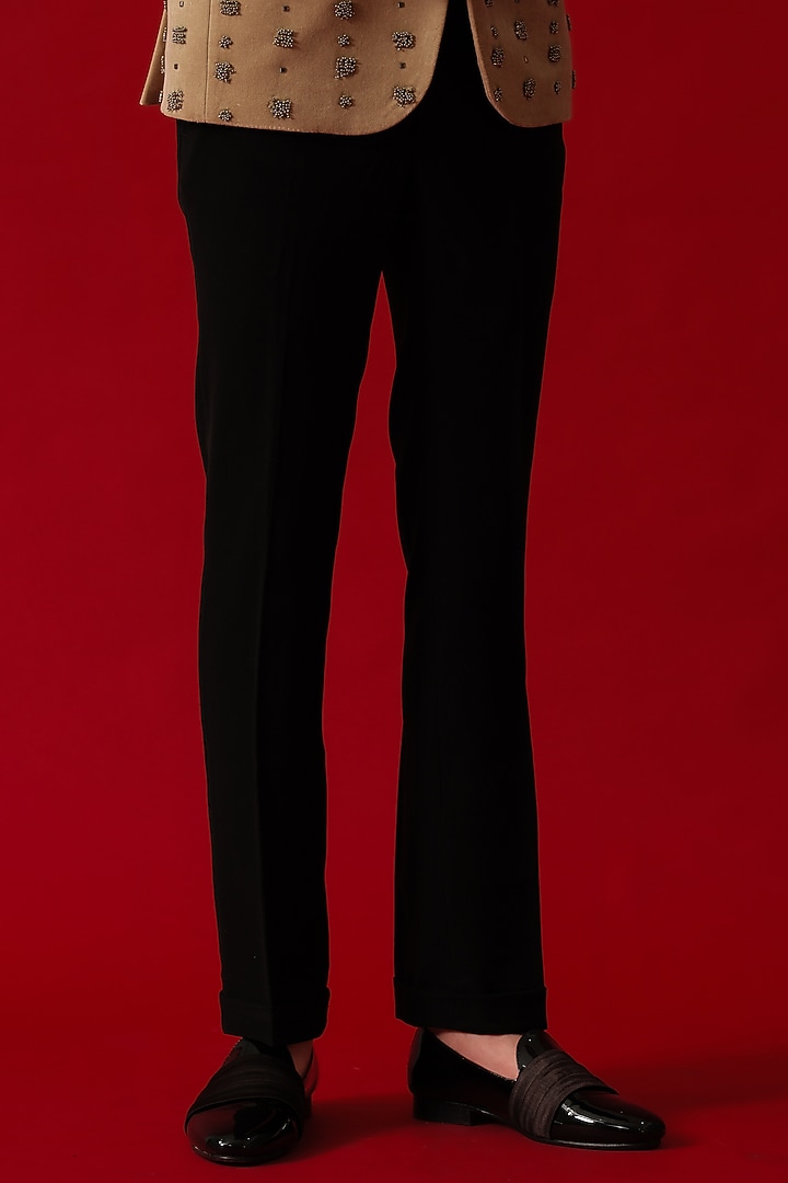 Beige Suede Hand Embroidered Tuxedo Set by Amrit Dawani at Pernia's Pop Up Shop
