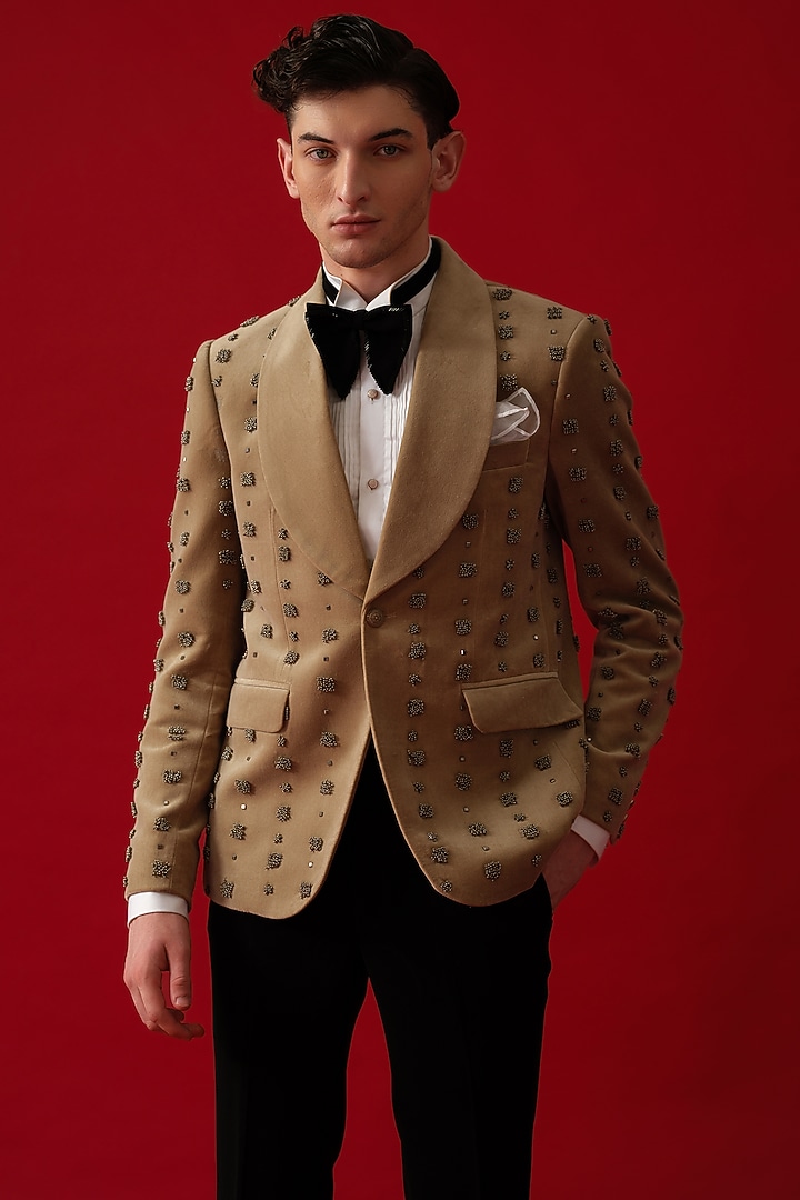 Beige Suede Hand Embroidered Tuxedo Set by Amrit Dawani at Pernia's Pop Up Shop