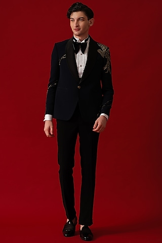 Dark Blue Japanese Polyester Hand Embroidered Tuxedo Set by Amrit Dawani