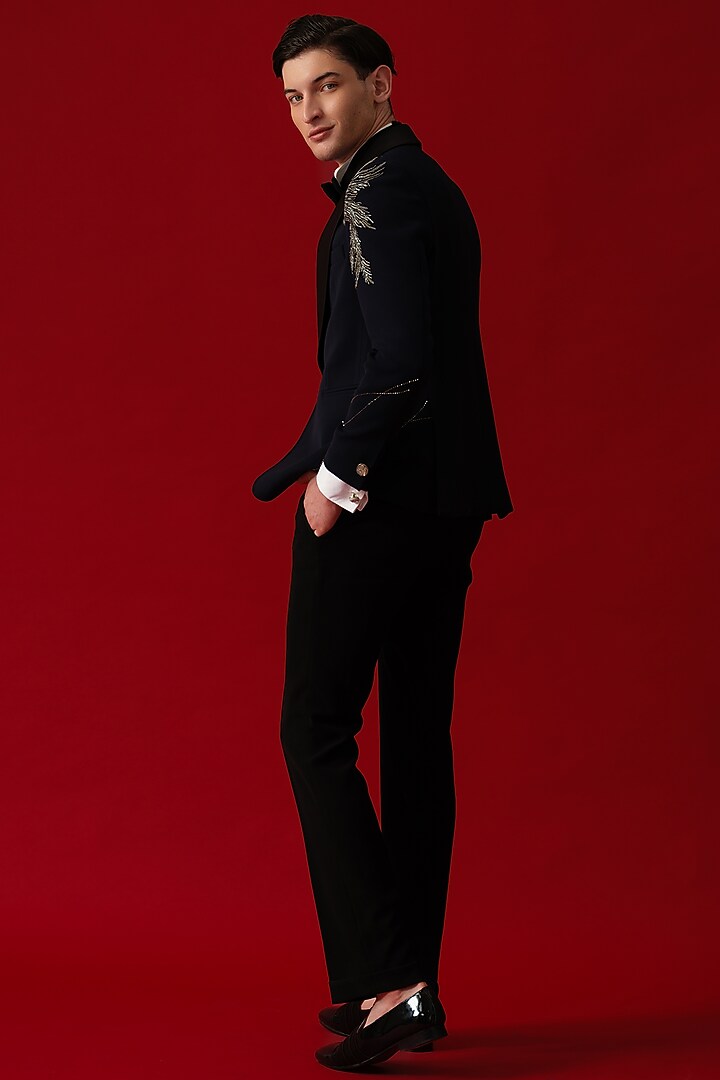 Dark Blue Japanese Polyester Hand Embroidered Tuxedo Set by Amrit Dawani at Pernia's Pop Up Shop