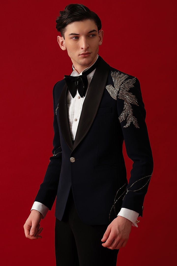 Dark Blue Japanese Polyester Hand Embroidered Tuxedo Set by Amrit Dawani at Pernia's Pop Up Shop