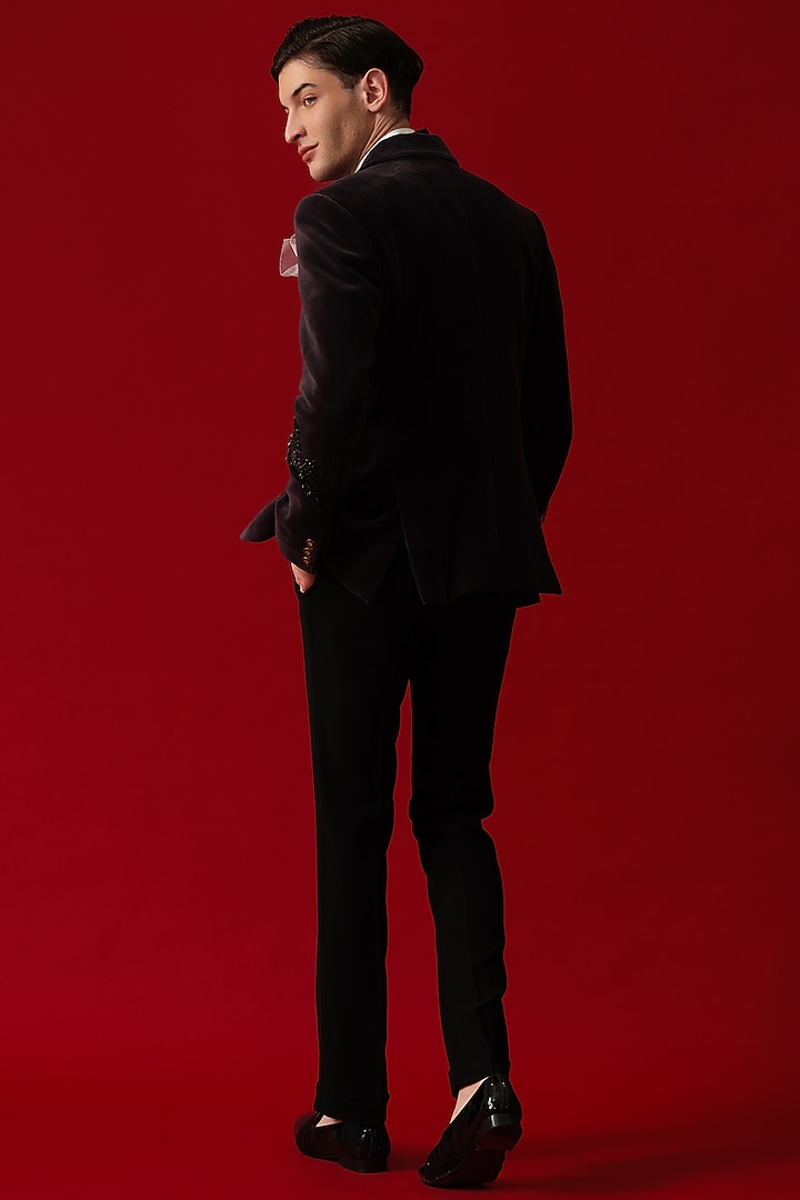 Black Velvet Hand Embroidered Tuxedo Set by Amrit Dawani at Pernia's Pop Up Shop