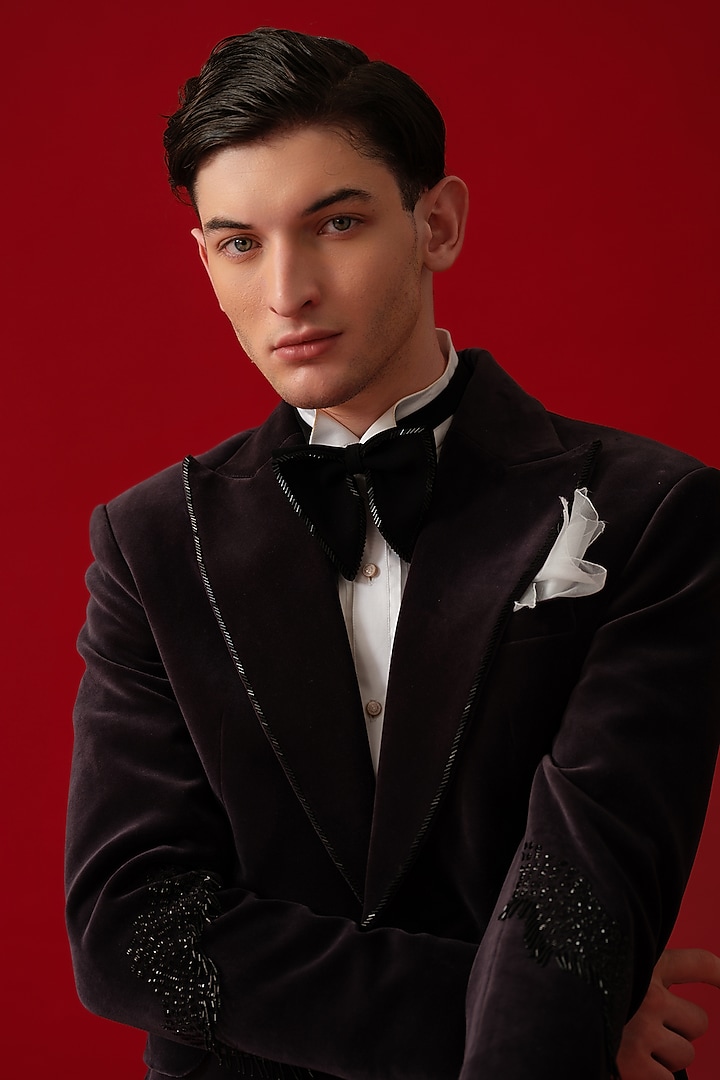 Black Velvet Hand Embroidered Tuxedo Set by Amrit Dawani at Pernia's Pop Up Shop