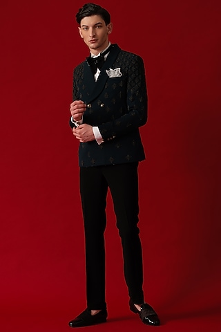 Teal Green Japanese Polyester Embroidered Tuxedo Set by Amrit Dawani