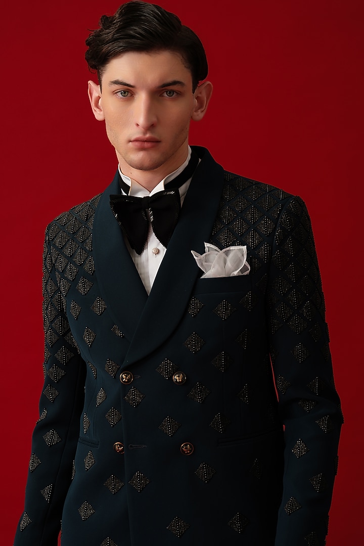 Teal Green Japanese Polyester Embroidered Tuxedo Set by Amrit Dawani at Pernia's Pop Up Shop