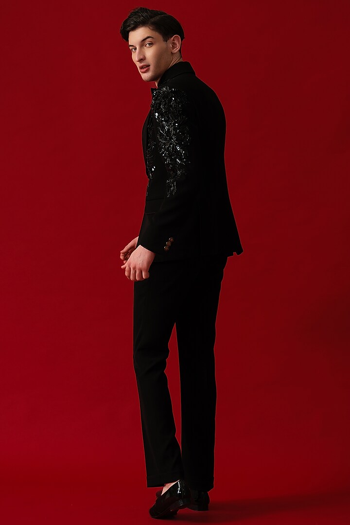 Black Japanese Polyester Embroidered Tuxedo Set by Amrit Dawani at Pernia's Pop Up Shop