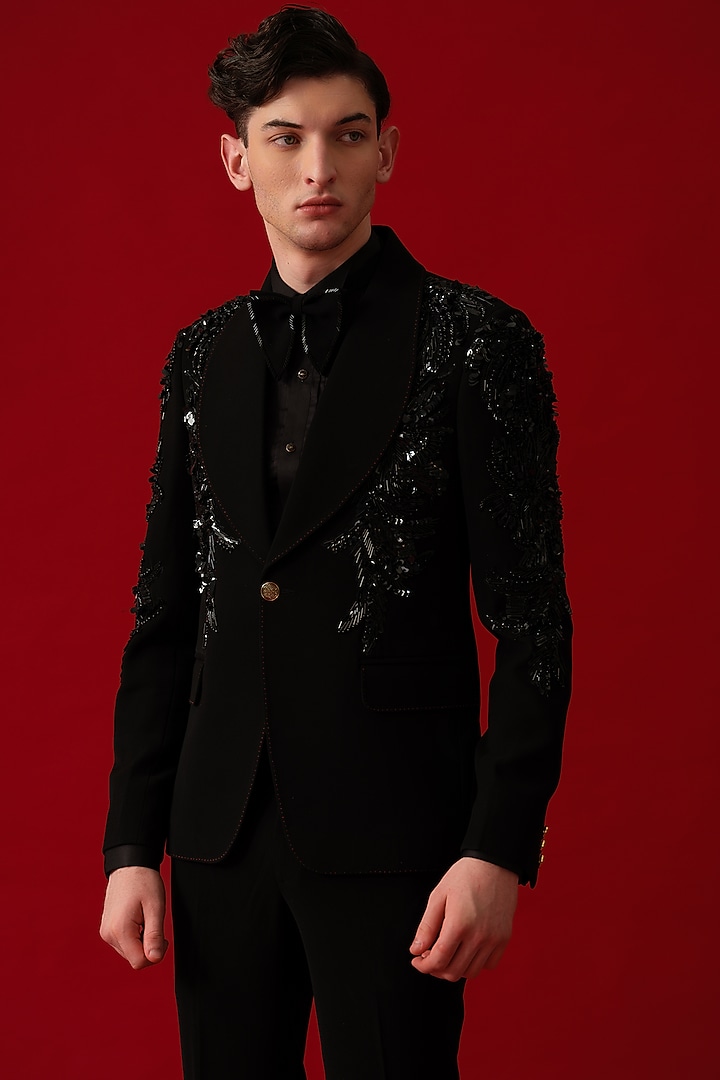 Black Japanese Polyester Embroidered Tuxedo Set by Amrit Dawani at Pernia's Pop Up Shop