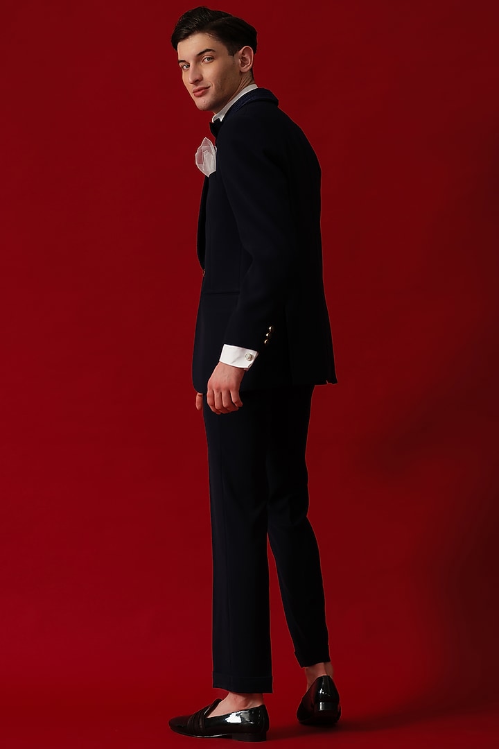 Navy Blue Japanese Polyester Embroidered Tuxedo Set by Amrit Dawani at Pernia's Pop Up Shop