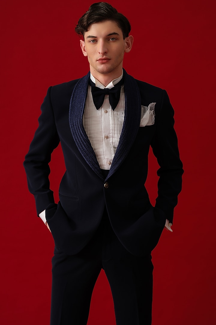 Navy Blue Japanese Polyester Embroidered Tuxedo Set by Amrit Dawani at Pernia's Pop Up Shop
