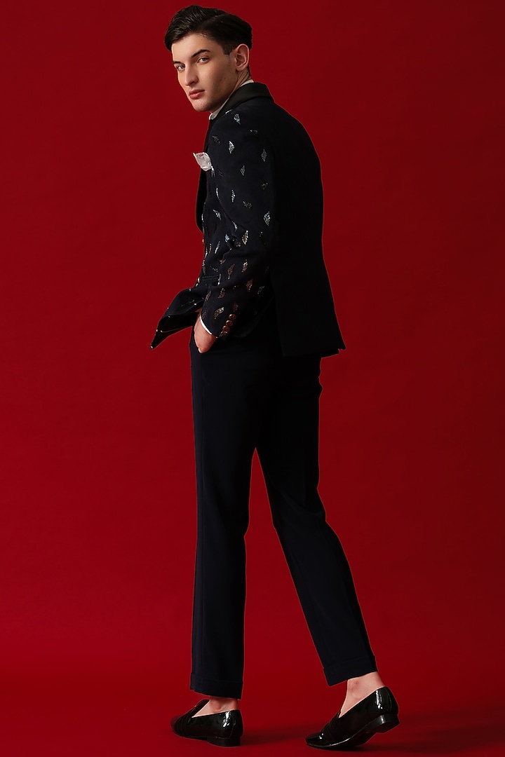 Navy Blue Self Woven Wool Embroidered Tuxedo Set by Amrit Dawani at Pernia's Pop Up Shop