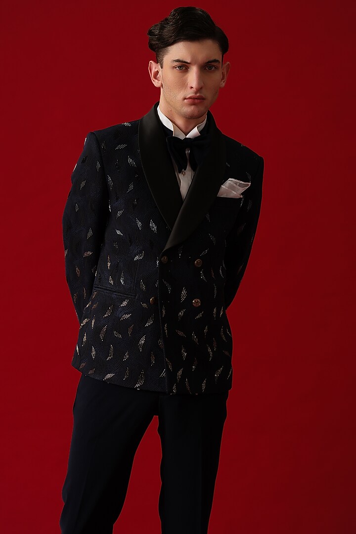 Navy Blue Self Woven Wool Embroidered Tuxedo Set by Amrit Dawani at Pernia's Pop Up Shop