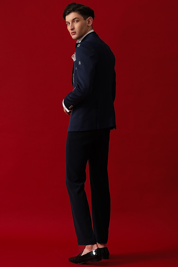 Navy Blue Italian Fabric Embroidered Tuxedo Set by Amrit Dawani at Pernia's Pop Up Shop