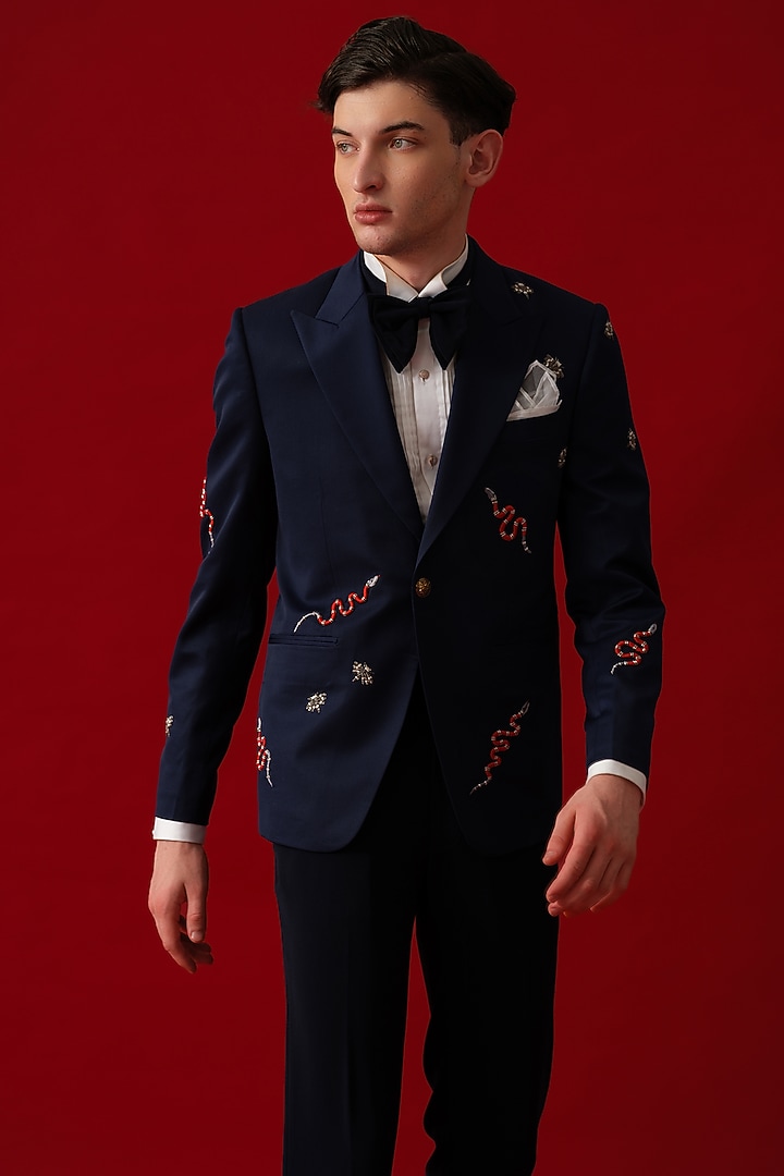 Navy Blue Italian Fabric Embroidered Tuxedo Set by Amrit Dawani at Pernia's Pop Up Shop