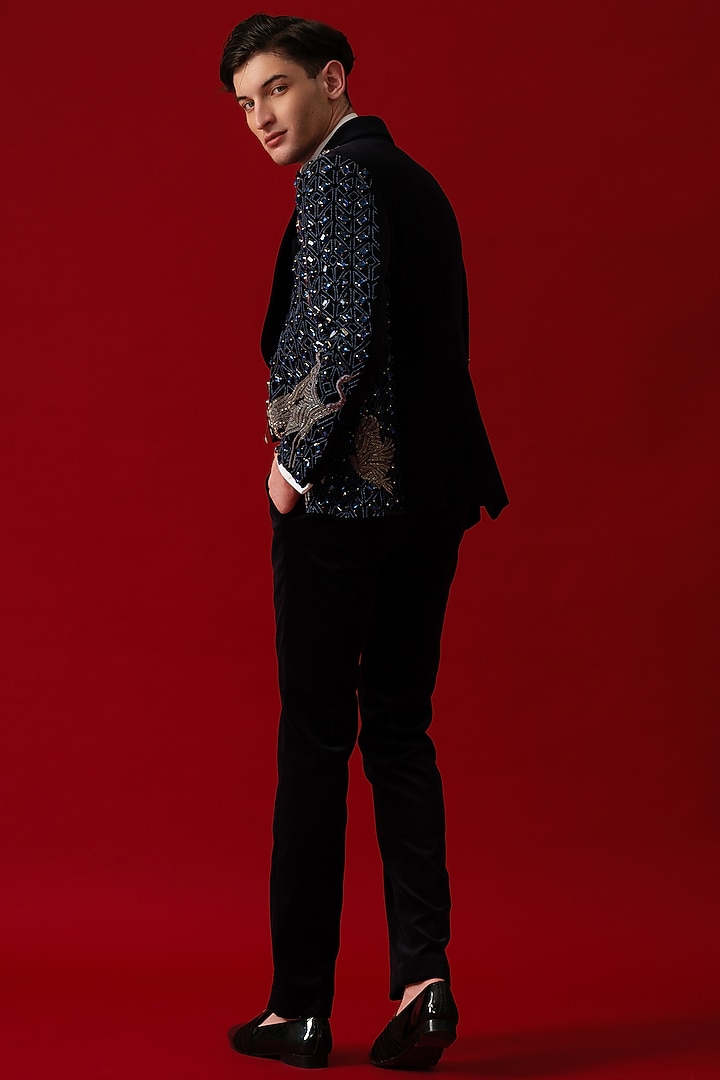 Navy Blue Velvet Embroidered Tuxedo Set by Amrit Dawani at Pernia's Pop Up Shop