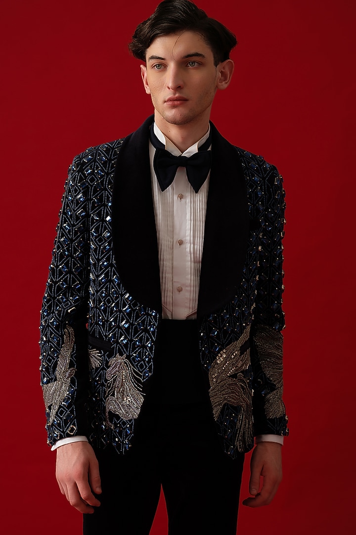 Navy Blue Velvet Embroidered Tuxedo Set by Amrit Dawani at Pernia's Pop Up Shop