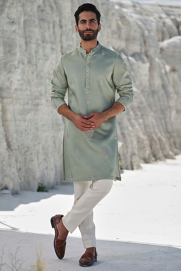 Sage Green Modal Silk Motif Embroidered Kurta Set by Amrit Dawani at Pernia's Pop Up Shop