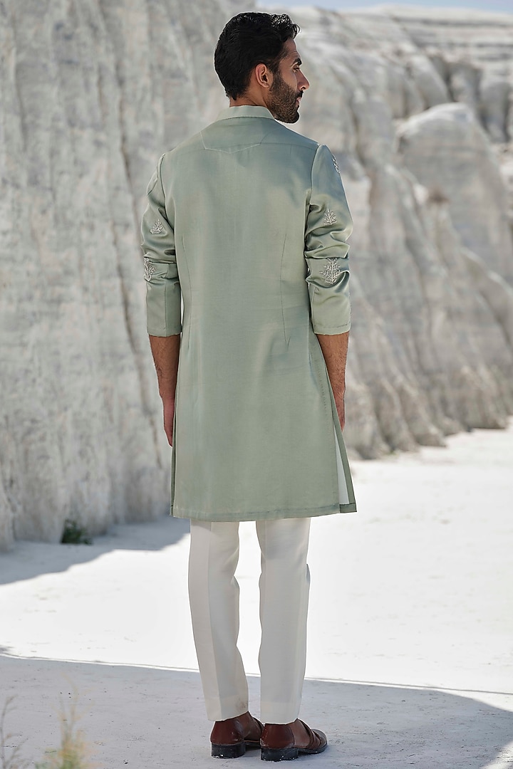 Sage Green Modal Silk Motif Embroidered Kurta Set by Amrit Dawani at Pernia's Pop Up Shop