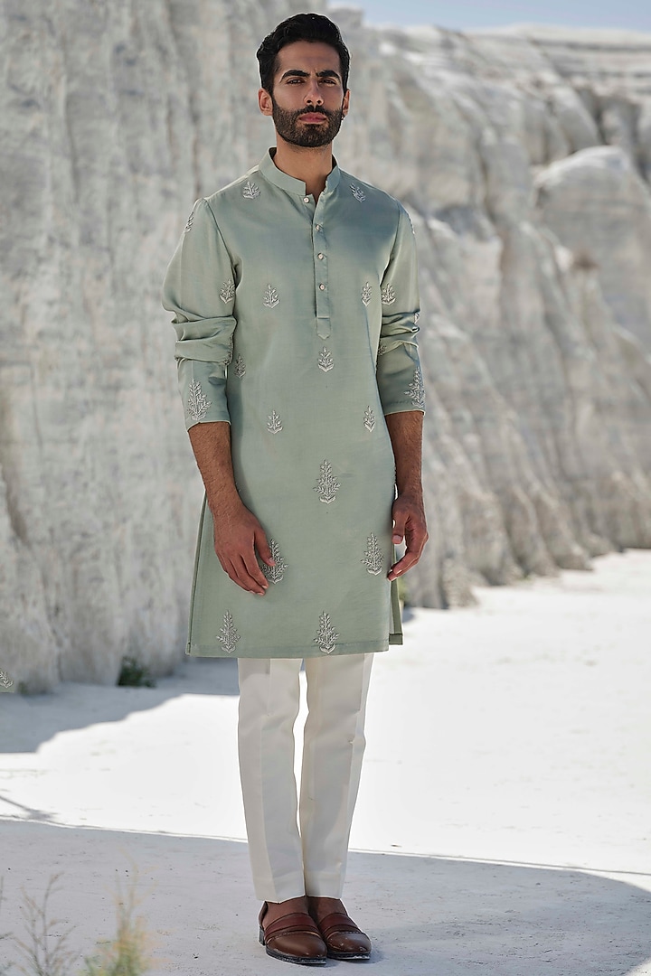 Sage Green Modal Silk Motif Embroidered Kurta Set by Amrit Dawani at Pernia's Pop Up Shop