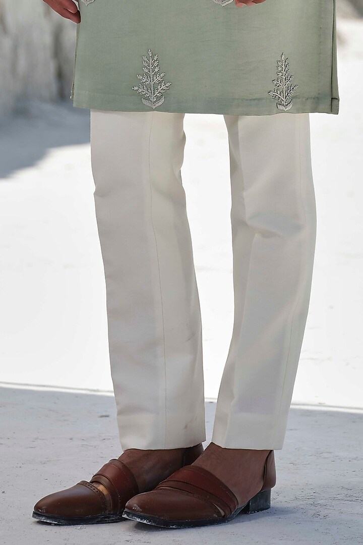 Sage Green Modal Silk Motif Embroidered Kurta Set by Amrit Dawani at Pernia's Pop Up Shop