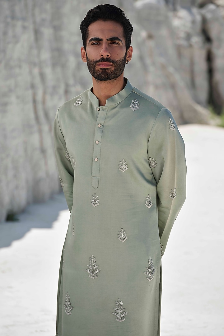 Sage Green Modal Silk Motif Embroidered Kurta Set by Amrit Dawani at Pernia's Pop Up Shop