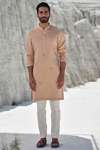Rose Gold Modal Silk Hand Embroidered Kurta Set by Amrit Dawani