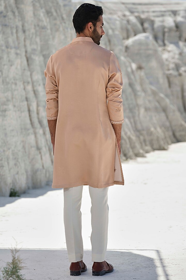 Rose Gold Modal Silk Hand Embroidered Kurta Set by Amrit Dawani at Pernia's Pop Up Shop