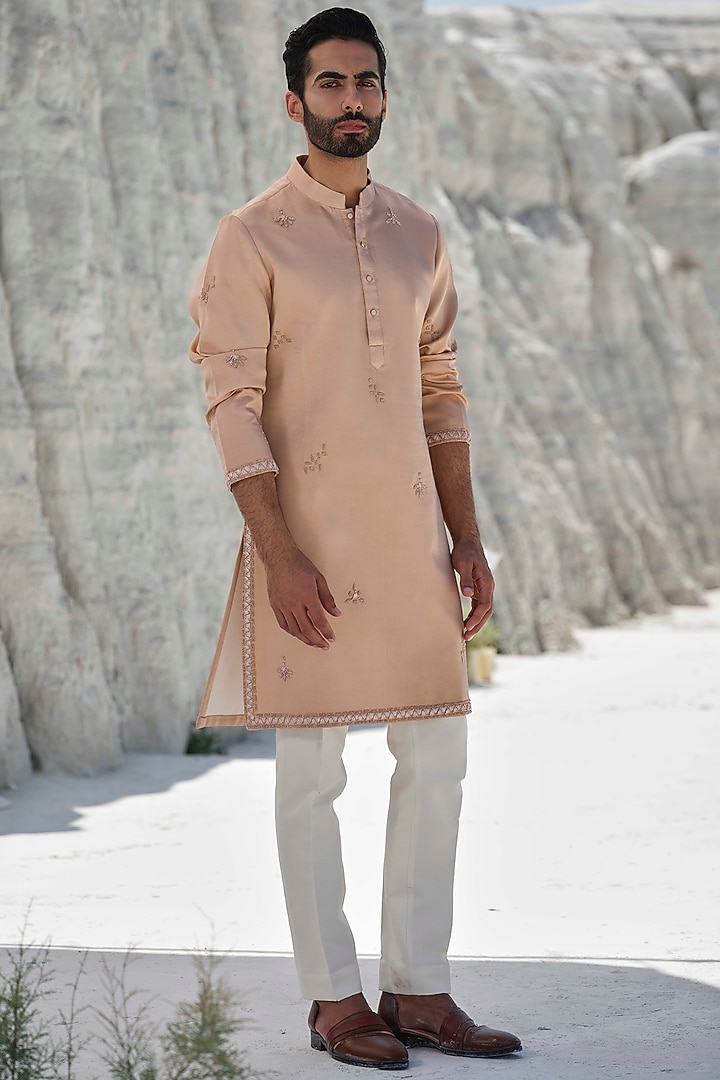 Rose Gold Modal Silk Hand Embroidered Kurta Set by Amrit Dawani at Pernia's Pop Up Shop