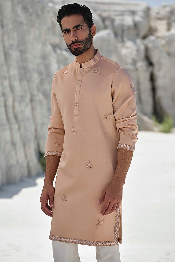 Rose Gold Modal Silk Hand Embroidered Kurta Set by Amrit Dawani at Pernia's Pop Up Shop