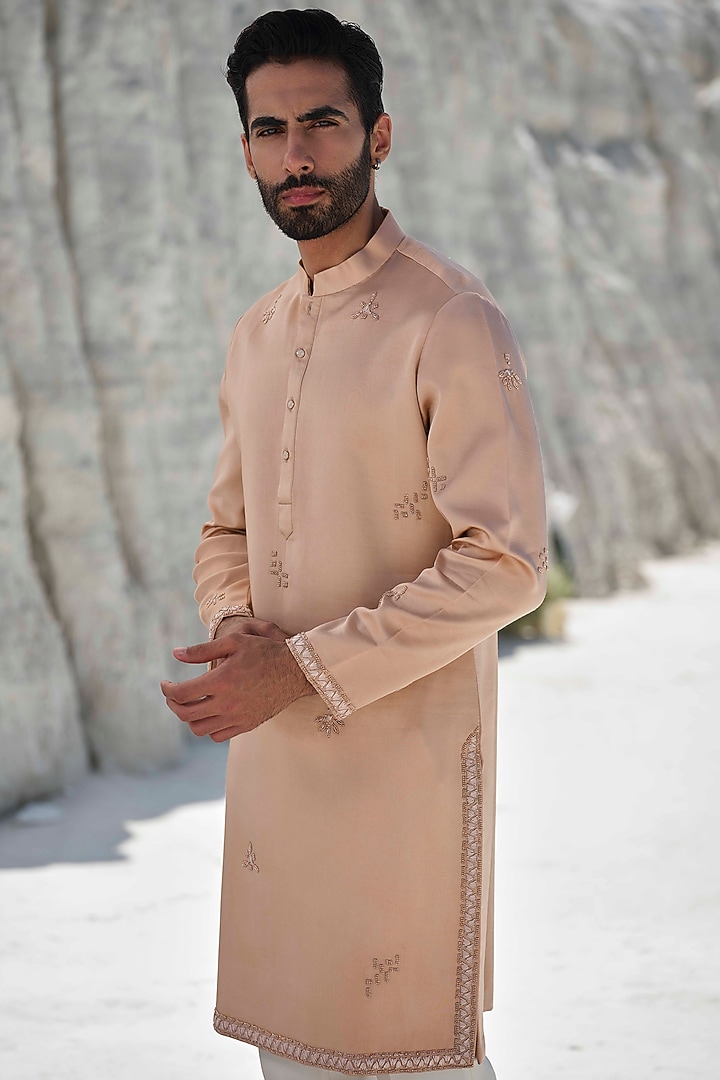 Rose Gold Modal Silk Hand Embroidered Kurta Set by Amrit Dawani at Pernia's Pop Up Shop