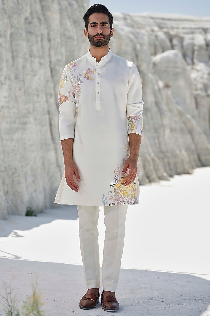 Ivory Modal Silk Hand Embroidered Kurta Set by Amrit Dawani at Pernia's Pop Up Shop