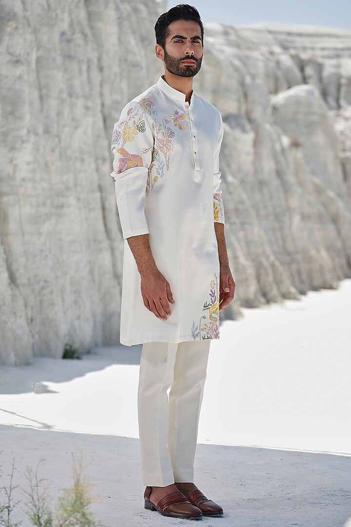 Ivory Modal Silk Hand Embroidered Kurta Set by Amrit Dawani at Pernia's Pop Up Shop
