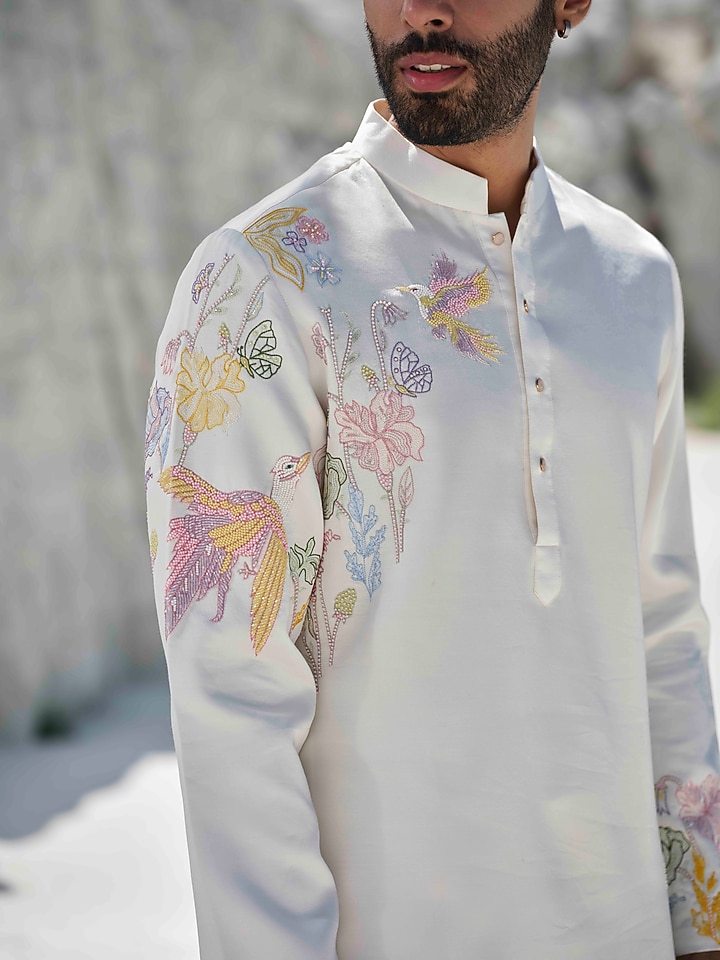 Ivory Modal Silk Hand Embroidered Kurta Set by Amrit Dawani at Pernia's Pop Up Shop