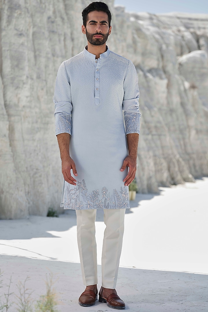 Sky Blue Modal Silk Hand Embroidered Kurta Set by Amrit Dawani at Pernia's Pop Up Shop
